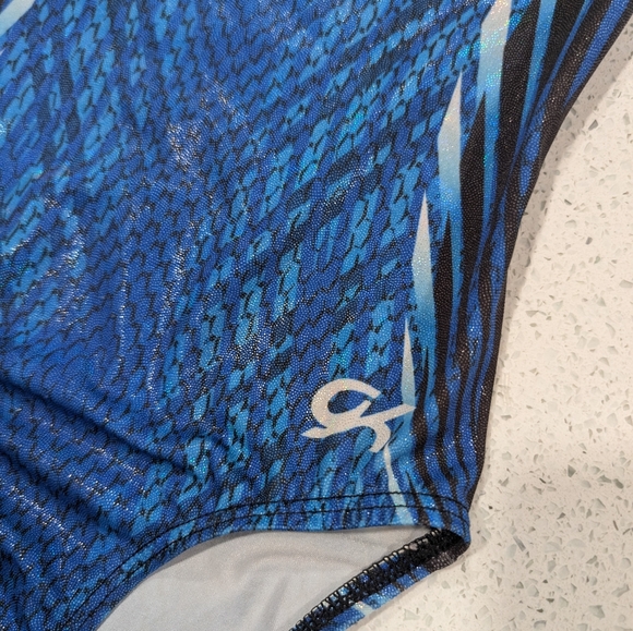 CUTE GK ELITE Gymnastics Dance Leotard Child Small Mystique Blue RACER STRIPES - Picture 2 of 3